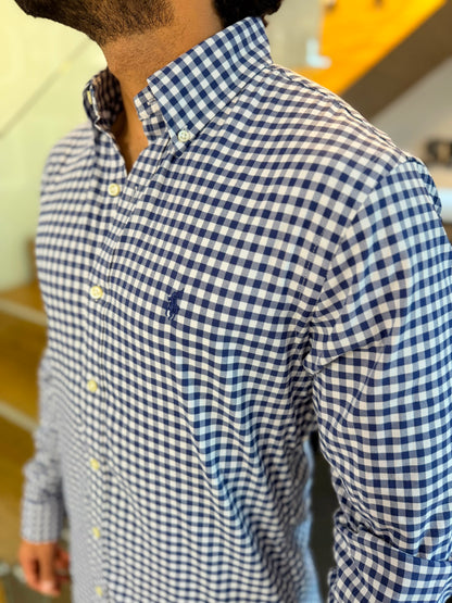 Camisa Polo R.L hombre Algodón Performance Cuadros Azules Con Blanco Caballo Azul