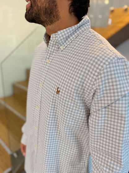 Camisa Polo R.L hombre Oxford Cuadros Grises con Blanco Caballo Multicolor