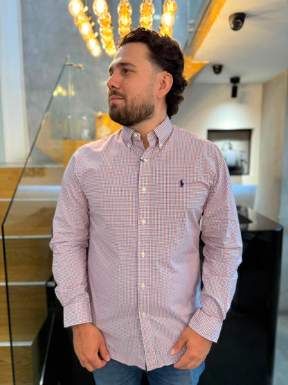 Camisa Polo R.L hombre Algodón Slim fit Cuadros Rojos Caballo Azul