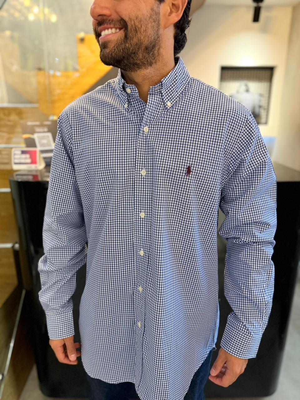 Camisa Polo R.L hombre Algodón Cuadros Azules Con Blanco Caballo Uva