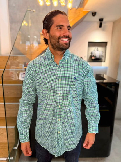 Camisa Polo R.L hombre Algodón Cuadros Verdes Con Azul Caballo Azul