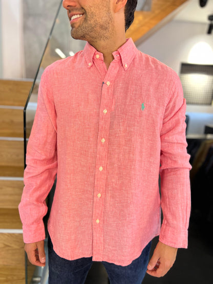 Camisa Polo R.L hombre Rosada Lino