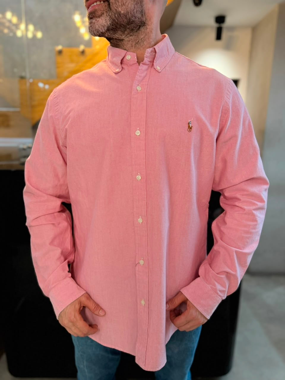 Camisa Polo R.L hombre Oxford  Rosa Caballo Multicolor