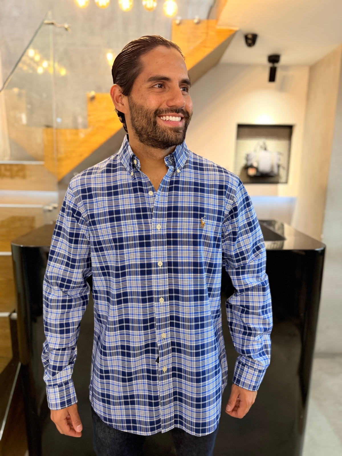 Camisa Polo R.L hombre Oxford Cuadros Azules Con Blanco Caballo Multicolor
