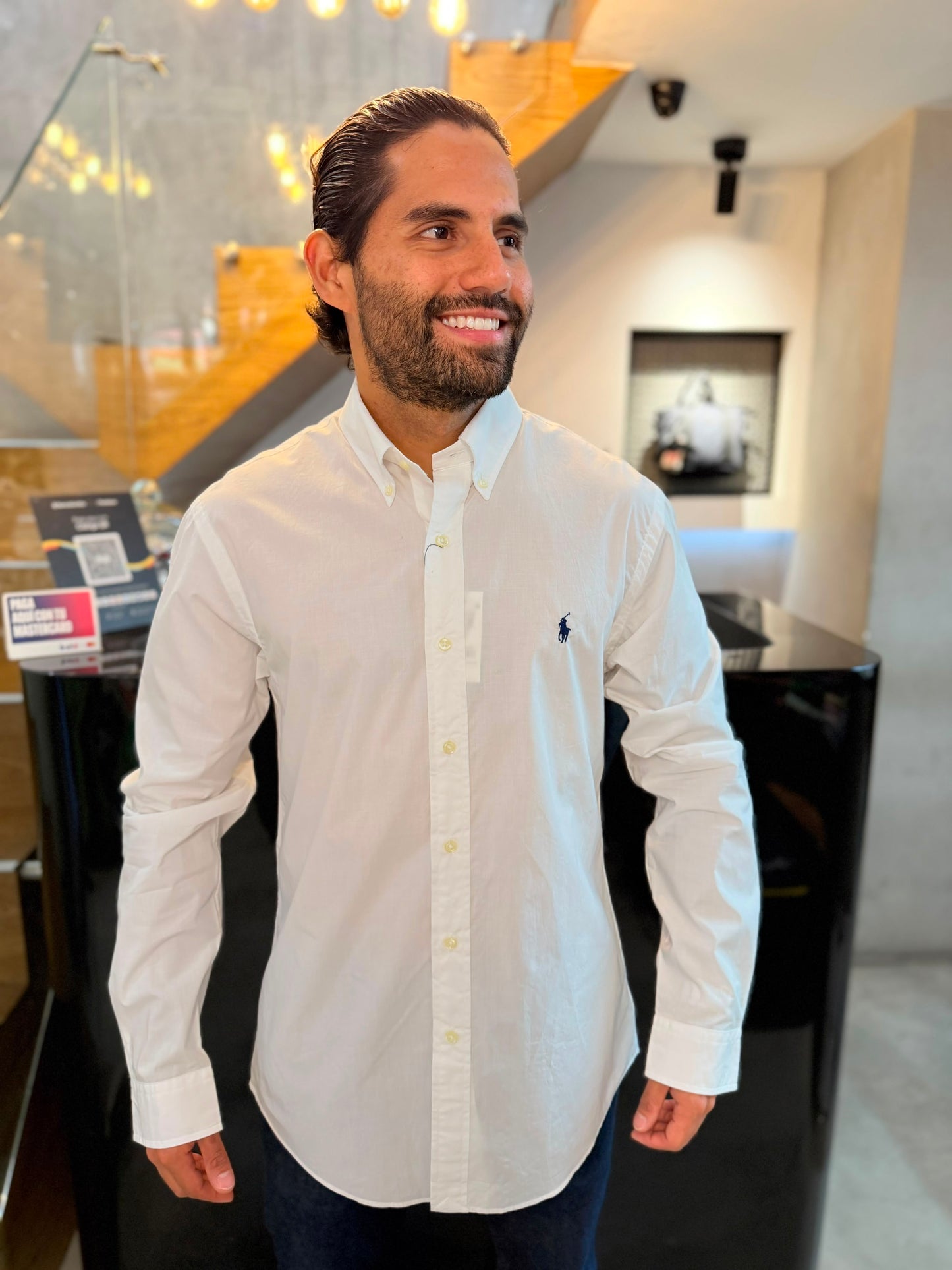 Camisa Polo R.L hombre Algodón Slim Fit Blanca Caballo Azul