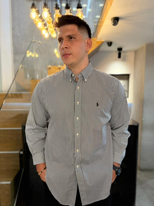 Camisa Polo R.L hombre Algodón Rayas Negras Caballo Negro