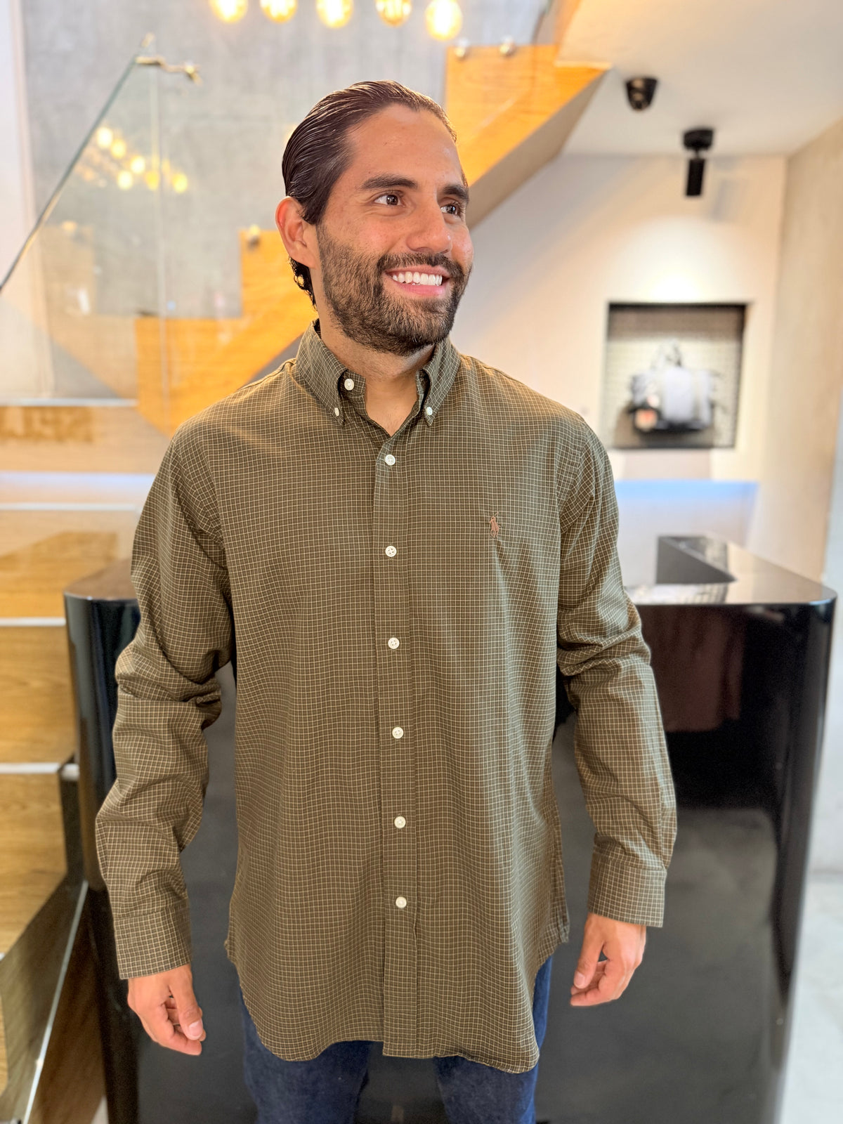 Camisa Polo R.L hombre Algodón Cuadros Verdes Con Café Caballo Café
