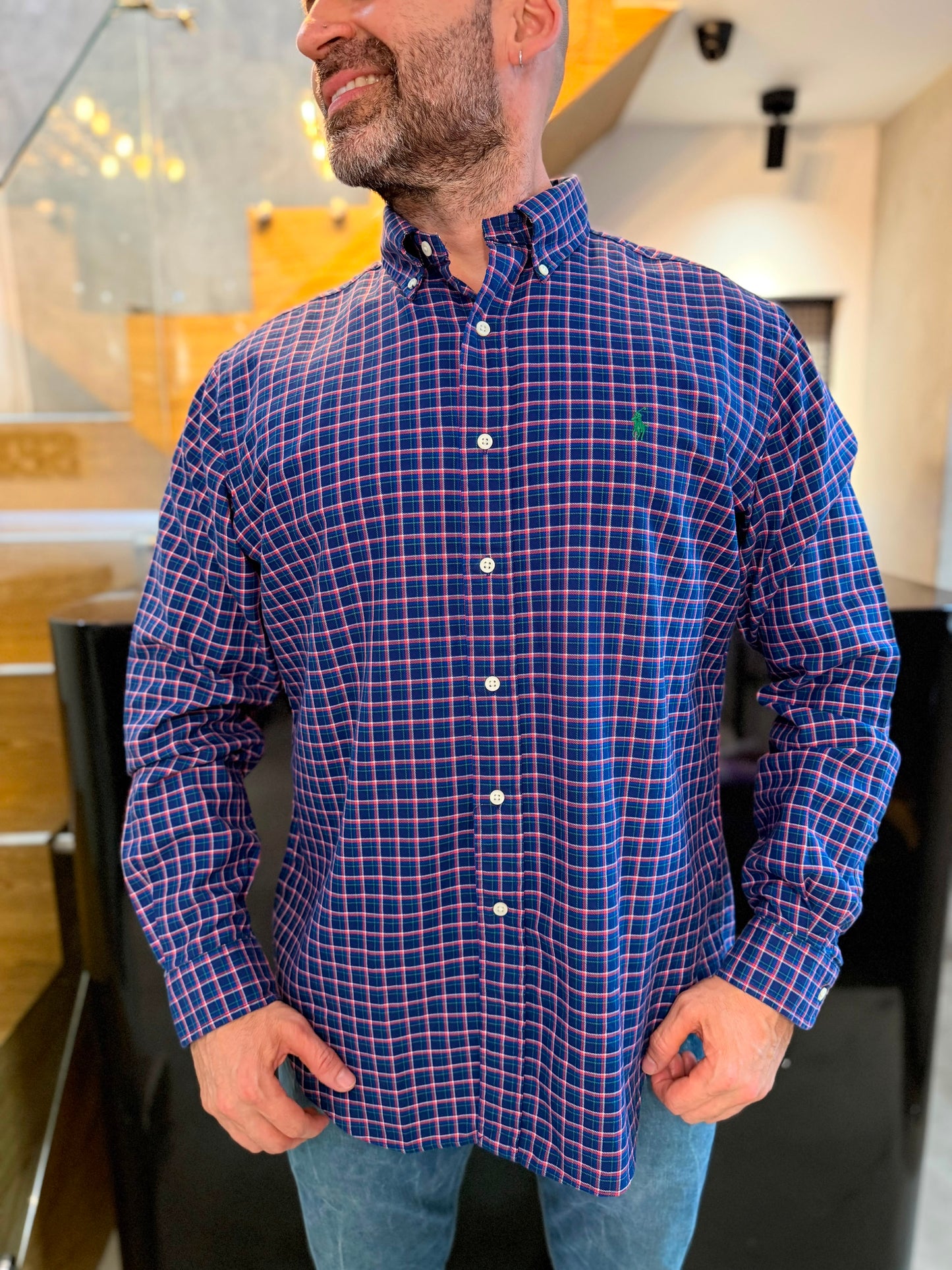 Camisa Polo R.L hombre Algodón Cuadros Azules Con Rojo Caballo Verde