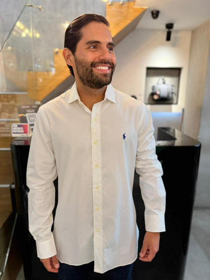 Camisa Polo R.L hombre Algodón Blanca Caballo Azul