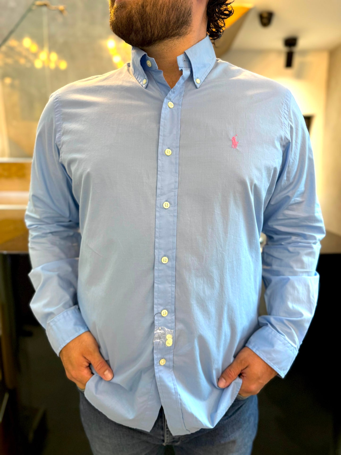 Camisa Polo R.L hombre Algodón Celeste Caballo Rosado