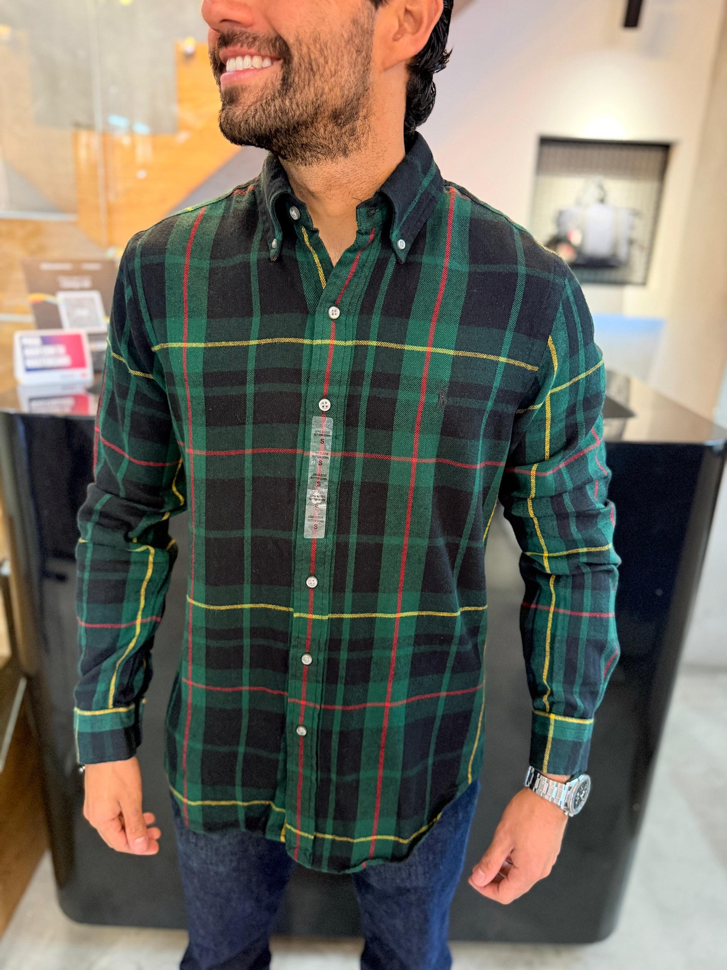 Camisa Polo R.L hombre Algodón Cuadros Verdes Caballo Negro