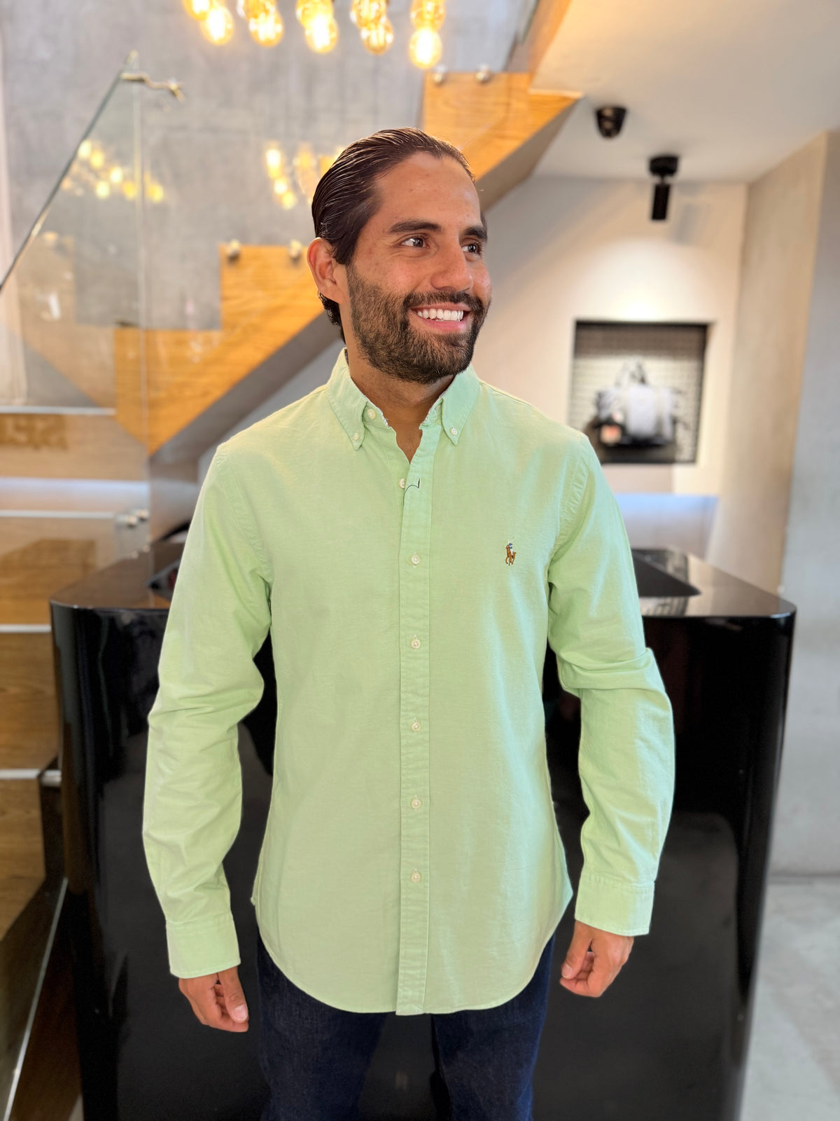 Camisa Polo R.L hombre Oxford Slim Fit Verde Pastel Caballo Multicolor