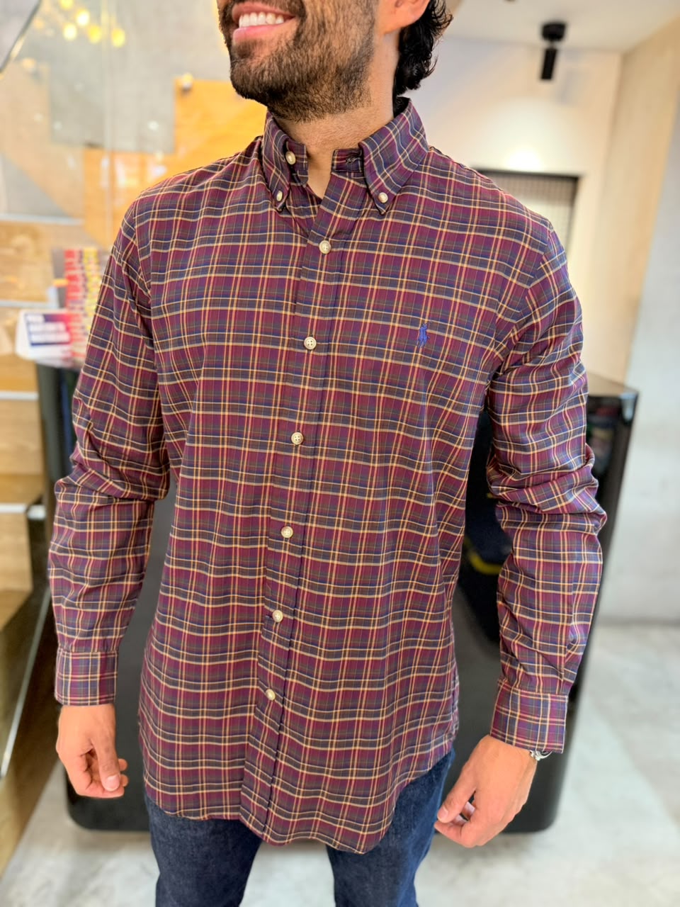 Camisa Polo R.L hombre Algodón Cuadros Vino Con Café Caballo Azul