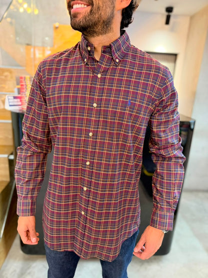 Camisa Polo R.L hombre Algodón Cuadros Vino Con Café Caballo Azul