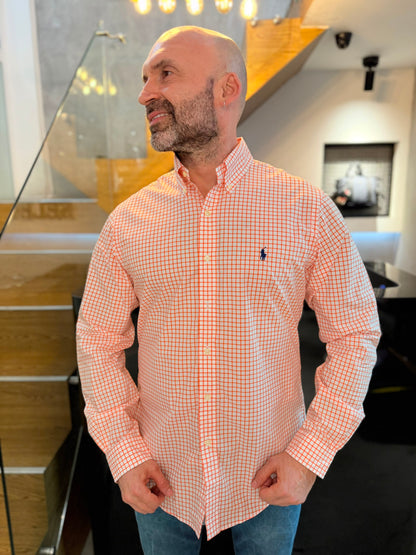 Camisa Polo R.L hombre Algodón Slim Fit Cuadros Blancos Con Naranja Caballo Azul