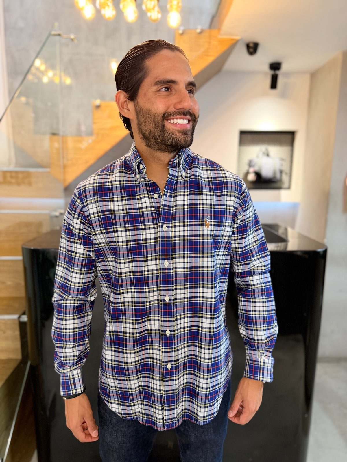 Camisa Polo R.L hombre Oxford Cuadros Azules Con Blanco Caballo Multicolor