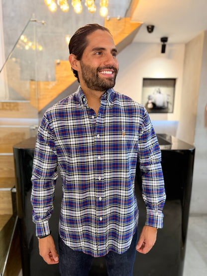 Camisa Polo R.L hombre Oxford Cuadros Azules Con Blanco Caballo Multicolor
