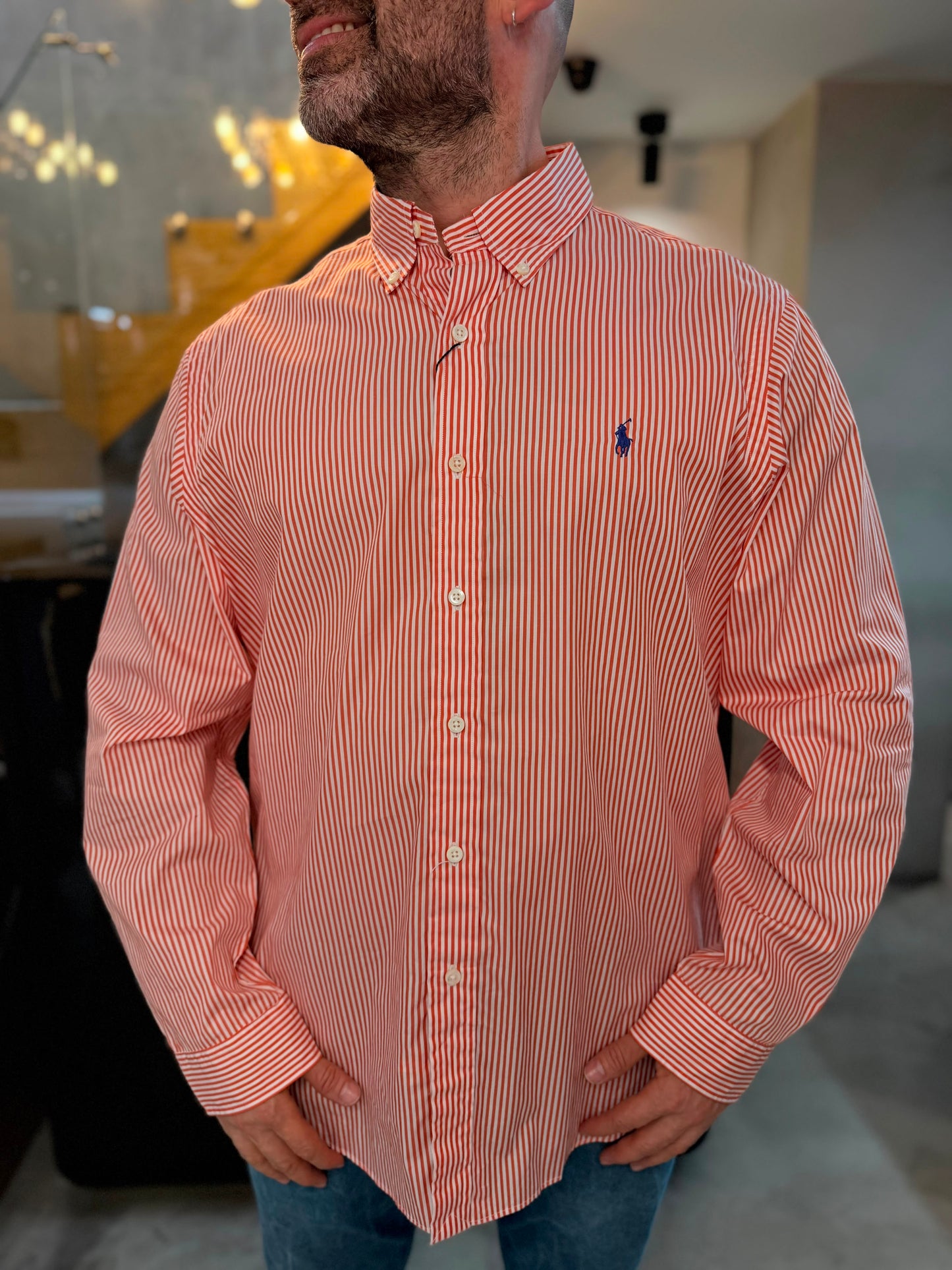 Camisa Polo R.L hombre Algodón Rayas Naranjas Con Blanco Caballo Azul