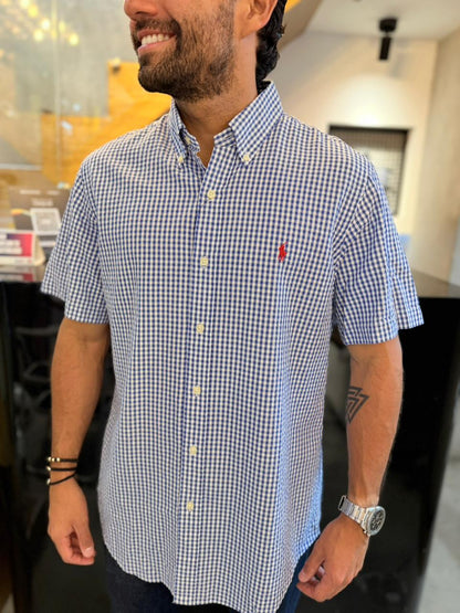 Camisa Polo R.L hombre Manga Corta Galleta Cuadros Azules Con Blanco Caballo Rojo