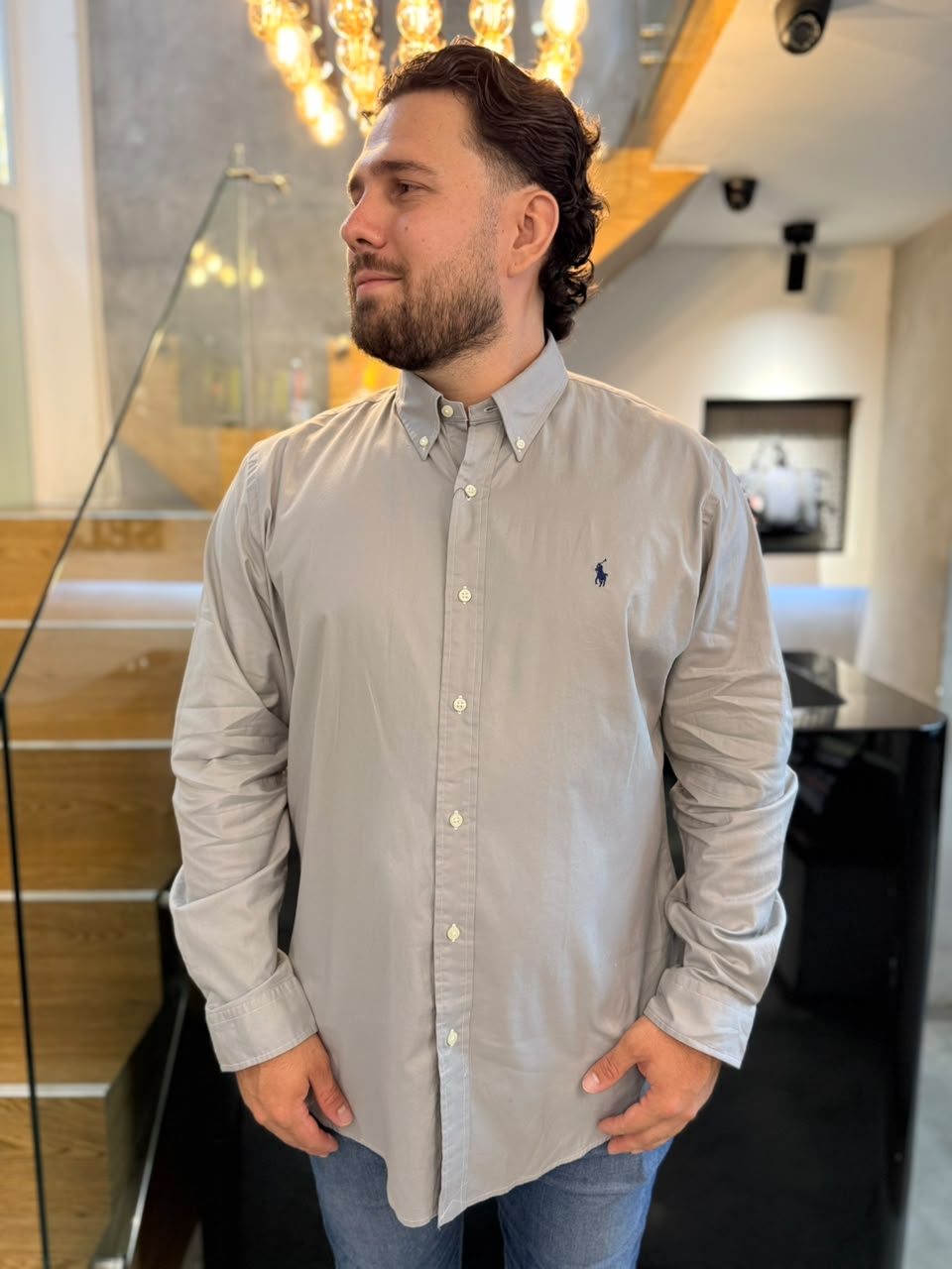 Camisa Polo R.L hombre Algodón Custom Fit Gris Caballo Azul
